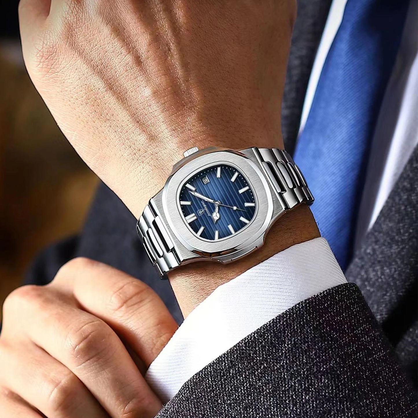 POEDAGAR Luxury Classic Man Watches Luminous Date Stainless Steel Square Quartz Male Clock Waterproof Watch for Men Reloj +Box