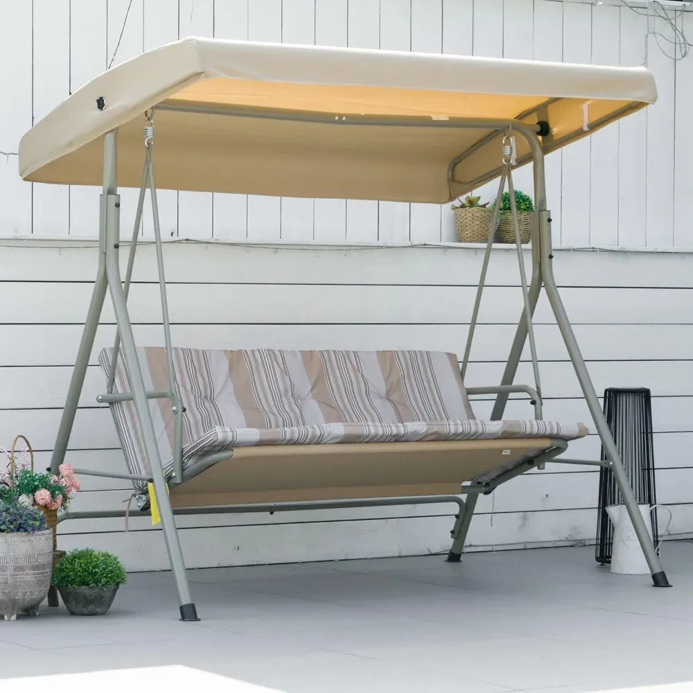 3 Seater Garden Swing Chair, with Tilting Canopy, Removable Cushion, Light Brown Top, Patio Swing Bench