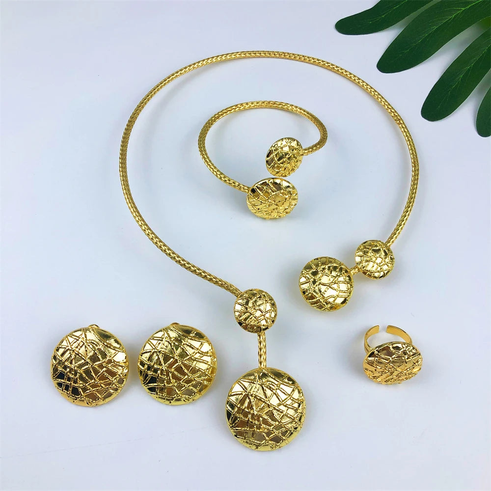Gold Plated Jewelry Set Classic Design Round Beads Women Necklace Earring Bracelet And Ring Party Jewelry
