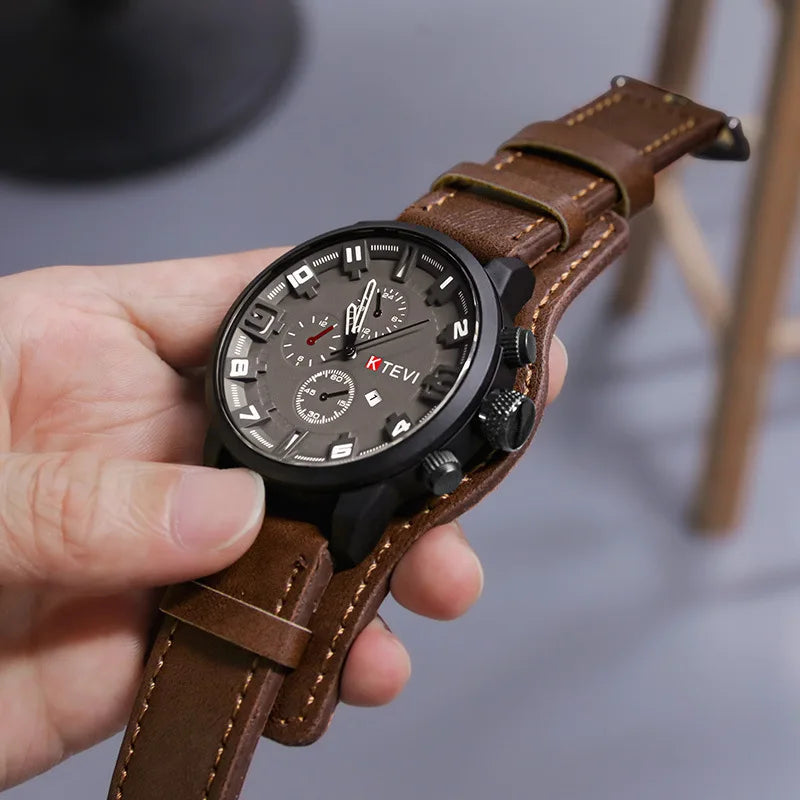 YIKAZE Luxury Business Men Quartz Watch Classic Retro Men's Watches Big Dial Leather Strap Date Military Wristwatch for Man