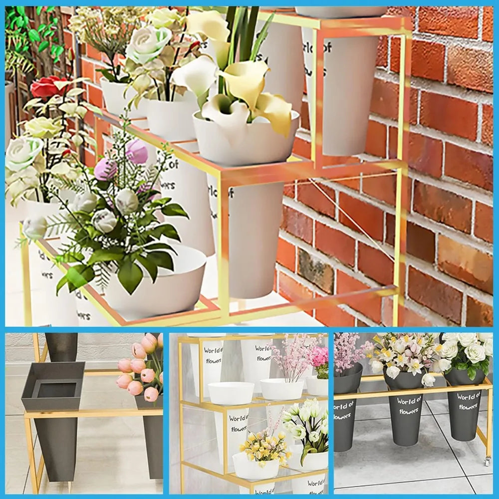 Flower Display Stand With 12PCS Buckets, 3 Layers Metal Plant Stand with Wheels, Living Room, Florist (White - Square Bucket)