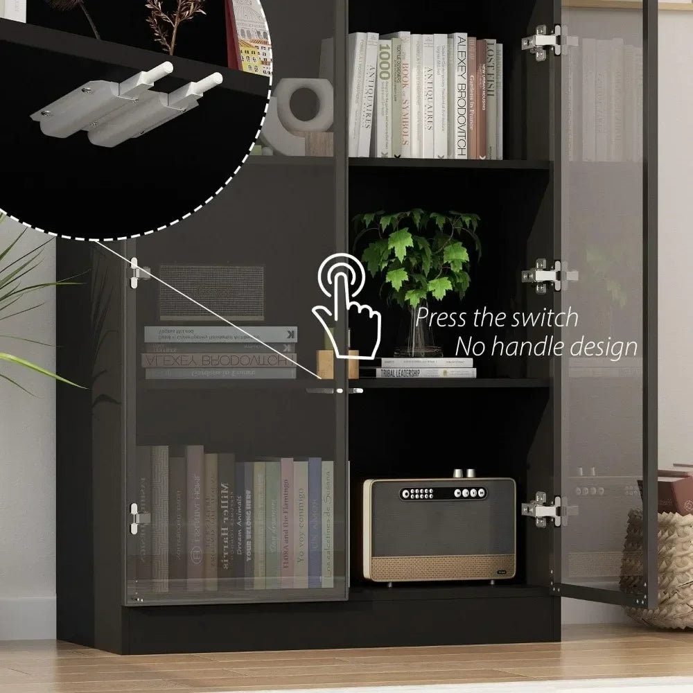 Display Cabinet with Glass Doors and Lights, 4-Tier Storage Shelves, Display Case Cabinet Black