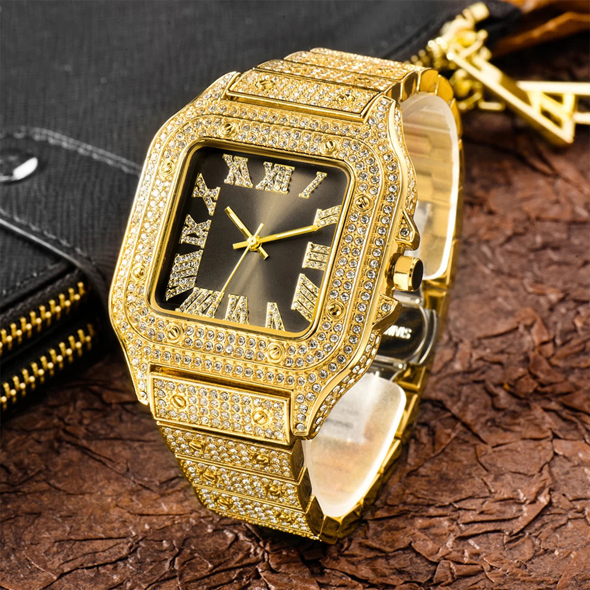 Aokaishen Iced Out Diamonds Watches 2023 Trend Stainless Steel Wristwatches for men Full Stones Zircon Quartz Square Gift