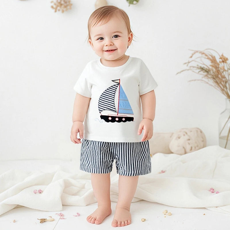 Infant Boy Nautical Theme Outfit with Anchor Applique Short Sleeve Shirt and Striped Shorts Set for Summer Fun