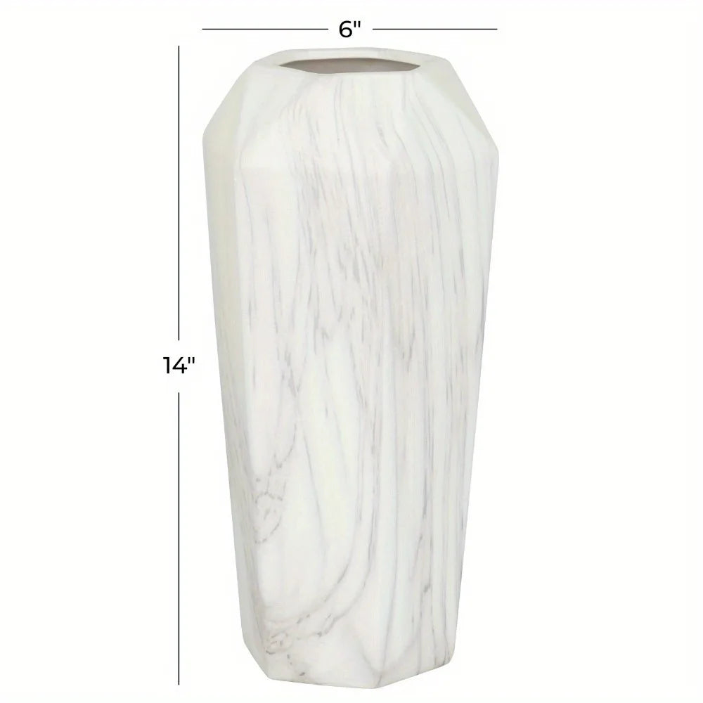 14" Faux Marble White Ceramic Vase