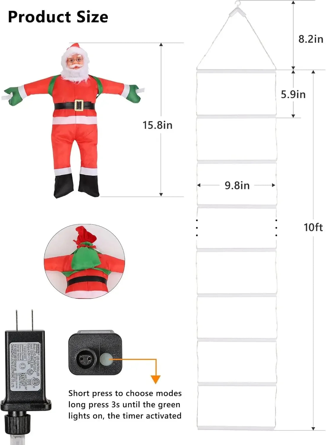 Christmas Decorations LED Ladder Lights with Climbing Santa Claus, 10ft Outdoor Christmas Decorative Lights - 8 Modes Xmas