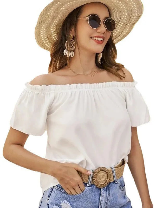 Women's Clothing 2025 Spring and Summer New Arrivals Holiday Style Off-shoulder Ruffled Shirts Women's Tops