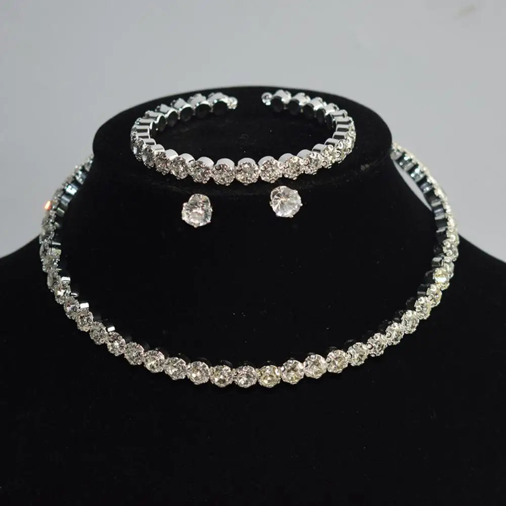 4Pcs/Set Luxury Women Necklace Jewelry Suit Electroplating High Gloss Female Shining Rhinestone Earrings Bracelet Necklace Set