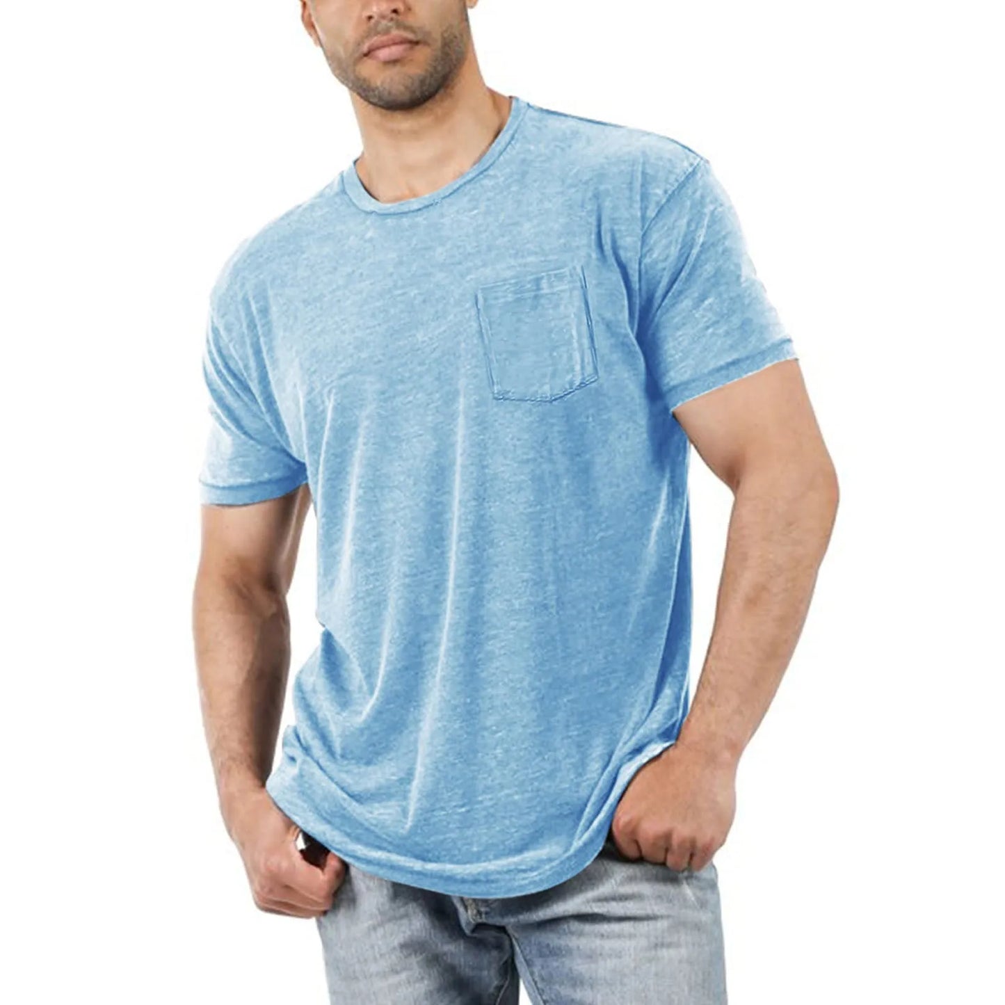 Summer Men Round Neck Pocket Casual And Comfortable Skin Friendly T Shirt Men Solid Color Top Korean Fashion Mens Clothing