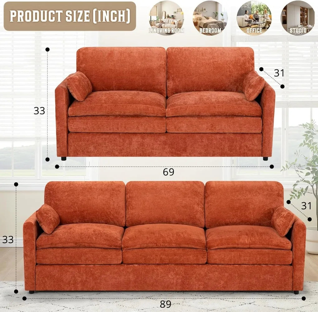 Modern 3 Seater Sofa with Upholstered Cushions, 2 Pieces Couch with Soft and Thickened Seats for Living Room, Office, Orange