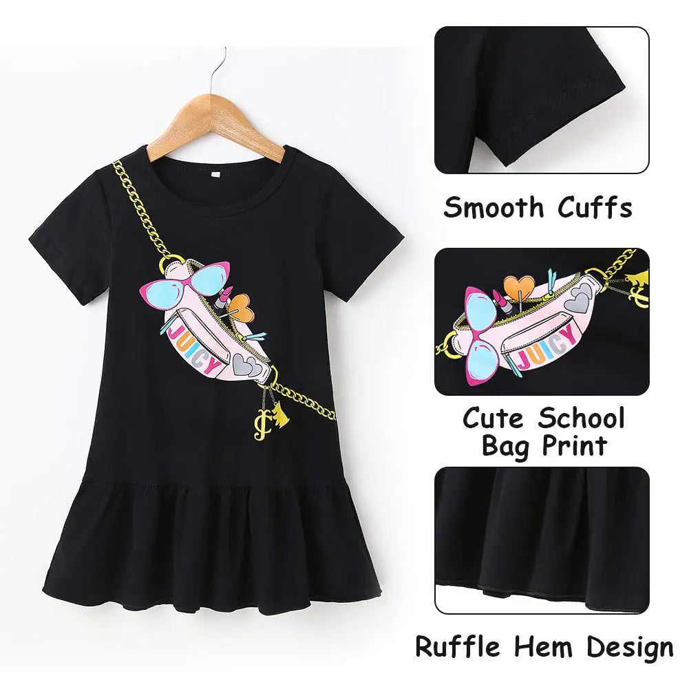 Baby Girl Casual Dress Cotton Short Sleeves Ruffled T-Shirt Dresses with Cute Pattern Black Summer Girl Dress