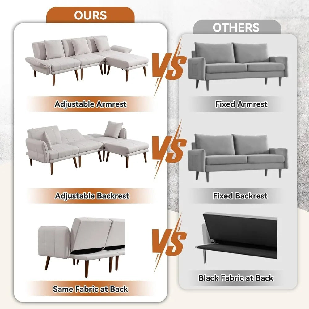 Sectional Couches Convertible Sofa Bed Comfy Sofa with Adjustable Armrest and Backrest for Living Room Bedroom Office Linen