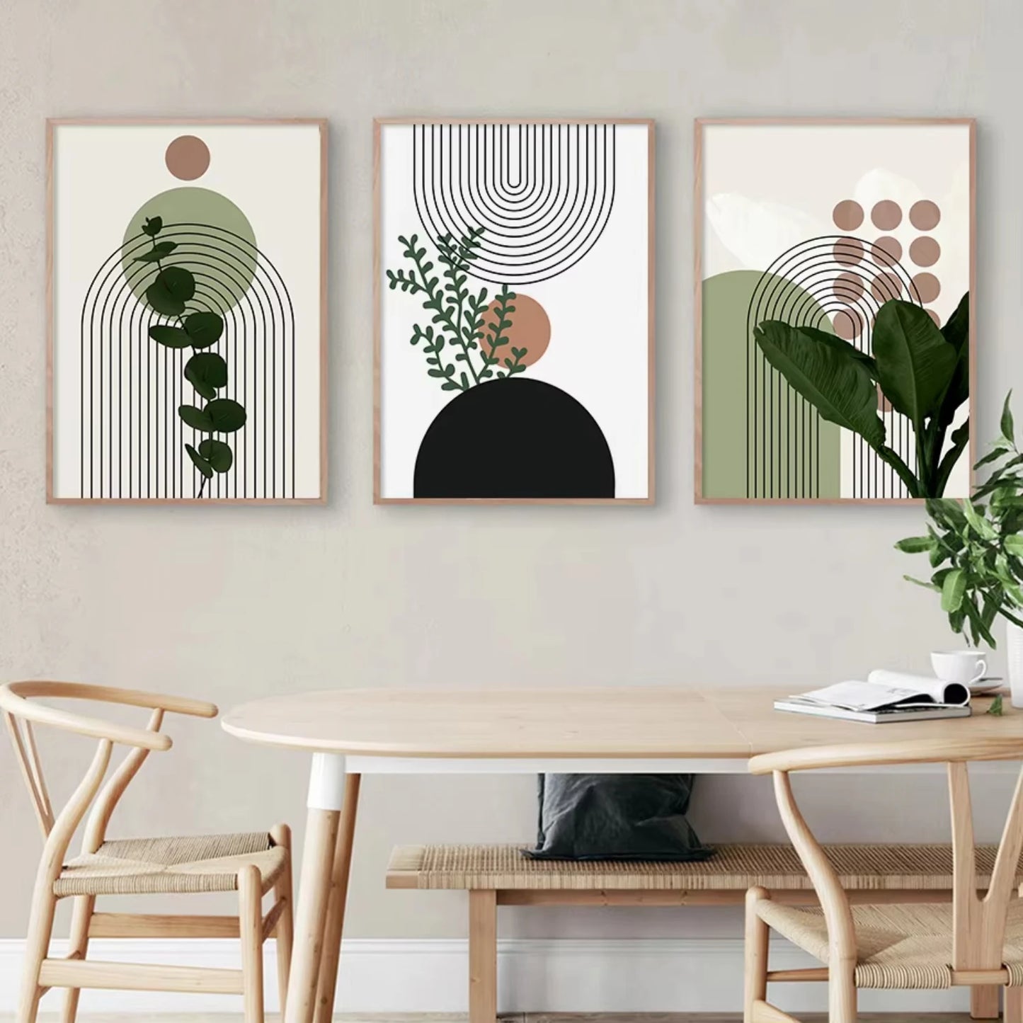 3pcs Modern Abstract Green Plants Leaf Sun Lines Wall Art Canvas Painting Posters Prints Pictures Living Room Decor Gifts Nct