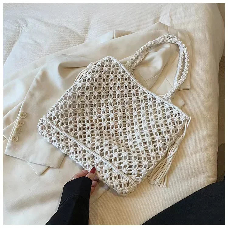 Fashion Handmade Woven Bag Tassel Accessories Summer Woven Solid Color Shoulder Bag Large Tote Bag