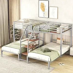 Harper & Bright Designs Metal Triple Bunk Bed with Stairs, 3 Beds Bunk Bed & Twin Over Twin Bunk Bed with Storage Shelves Stairc