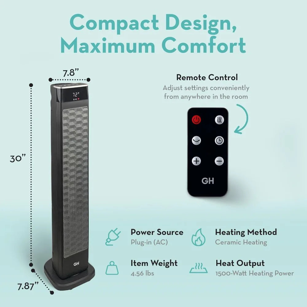 Oscillating Ceramic Tower Space Heater with Remote, 30", Black, Fast & Powerful Heating, Remote-Controlled Convenience
