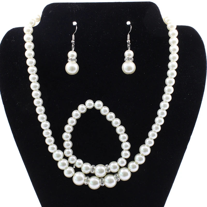 Fashion Jewellery Diamonds Rhinestones Pearls Necklace Bracelet Earrings Set Ladies Party Wedding Jewellery