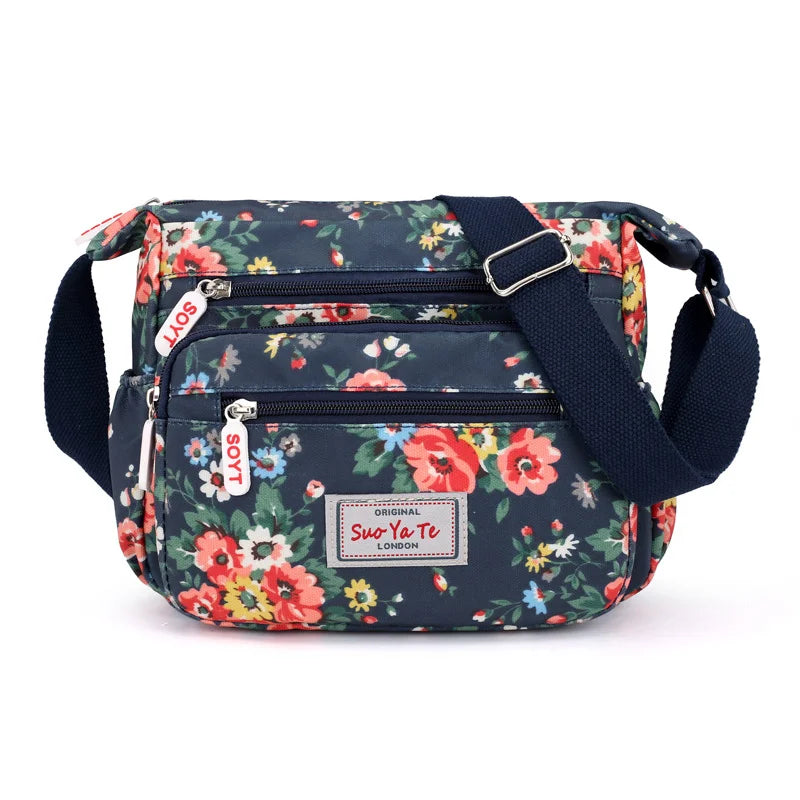 Women Crossbody Bags Casual Shoulder Backpack Multi Layered Floral Print Mother Handbag Canvas Cloth Bag Travel Messenger Purses
