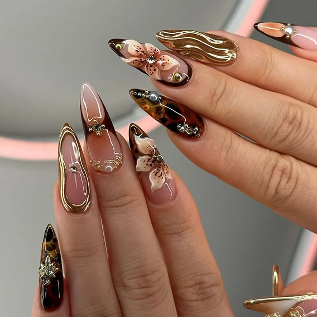 24Pc Leopard Print French False Nails Long Stiletto Press on Nails with Steel Ball Fake Nail Sweet Cool Detachable Nail Tips Art