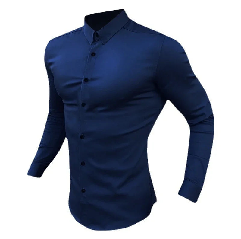 Men's Long Sleeve Super Slim Fit Plain Casual Shirt Spring Autumn Winter High Quality Turn Down Collar Business Dress Shirt Men