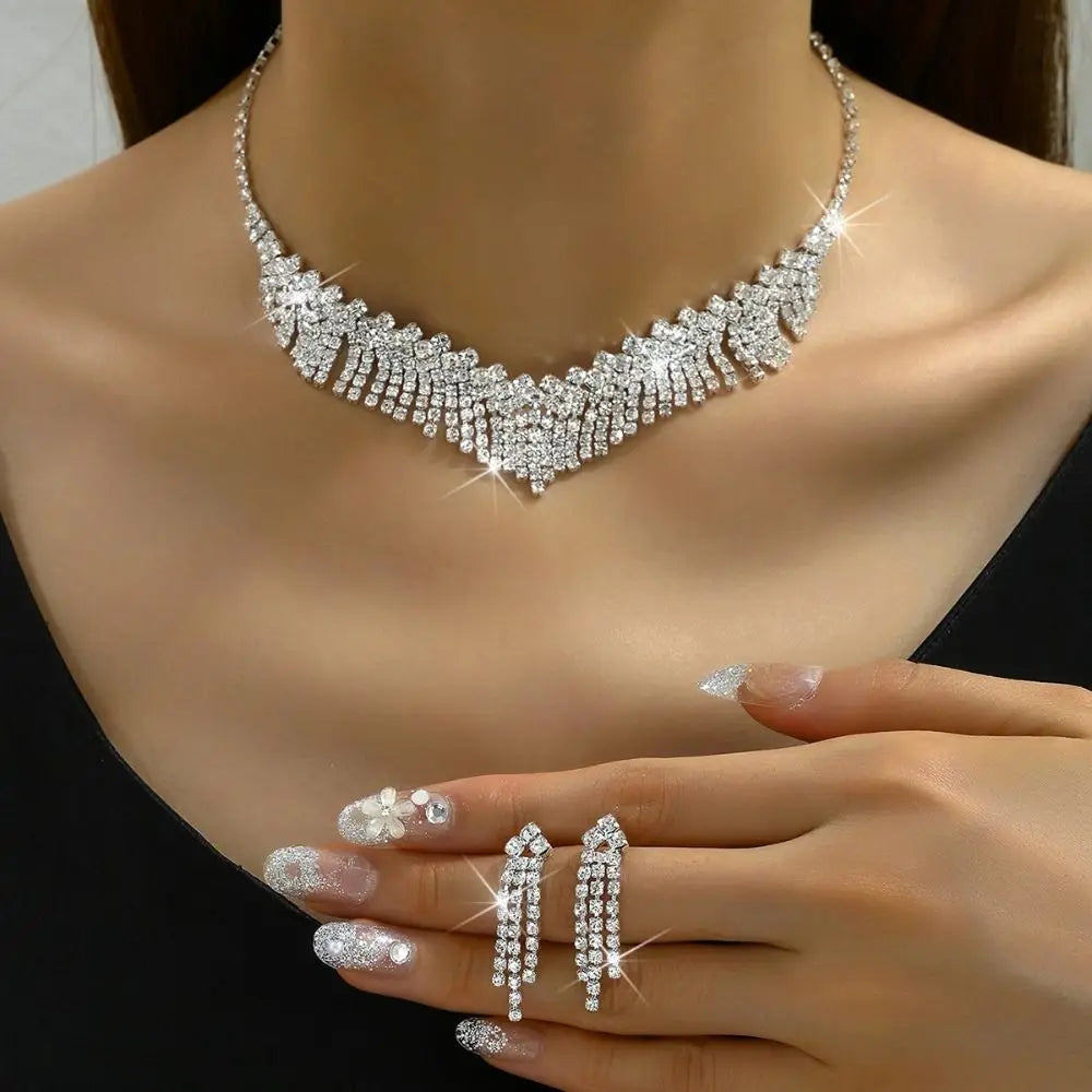 Wedding Party Crystal Rhinestone Jewelry Set Shining Diamond Earrings Tassels Exquisite Necklace Women