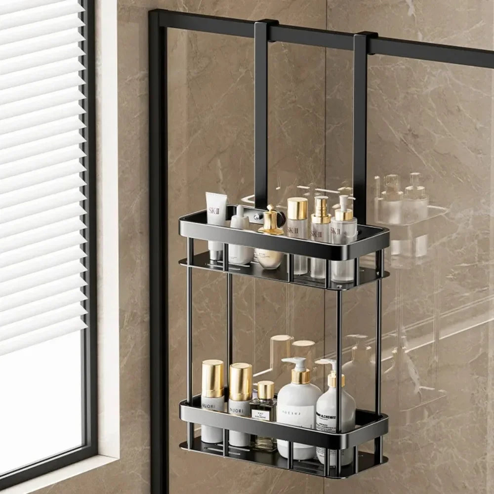 Bathroom Shelf Behind Door No Punching Required Hanging Towel Organizer Rack Shower Glass Door Toilet Supplies Storage Baskets