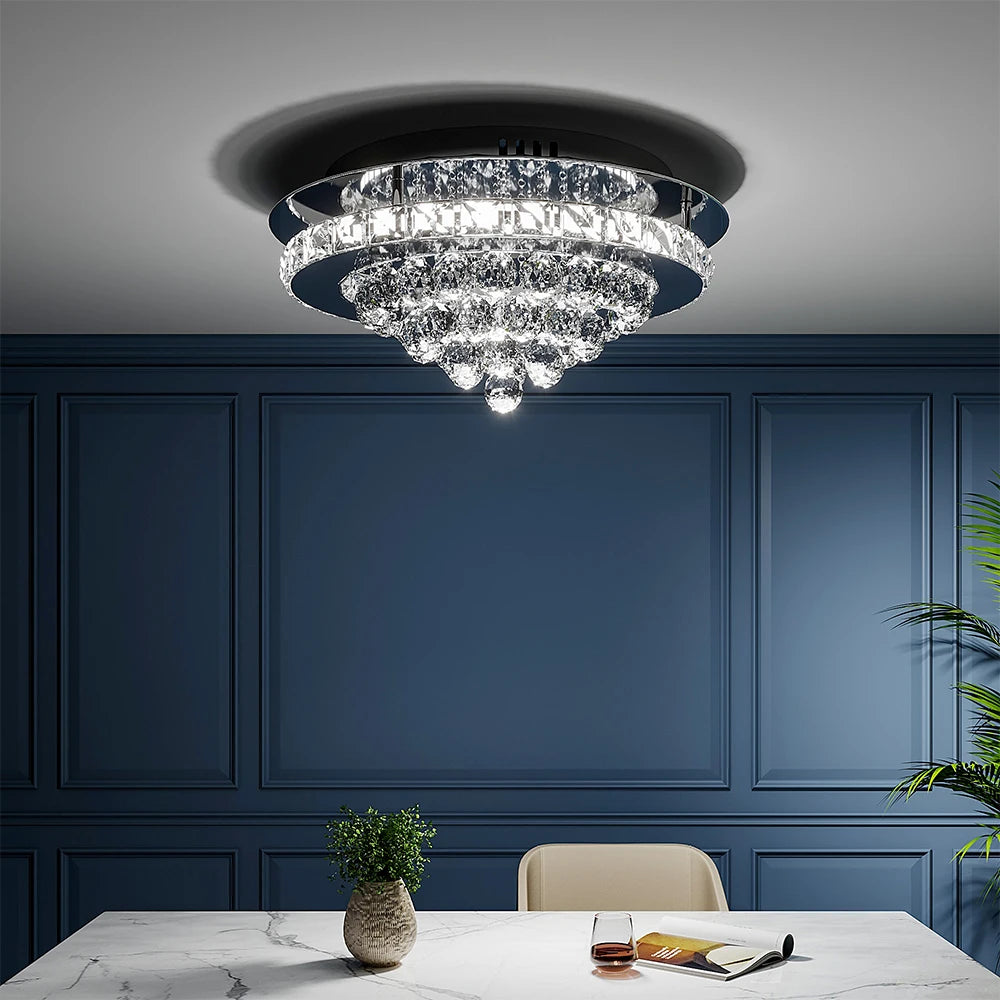 KOMORE Round Crystal-droplets LED Semi Flush Mount Ceiling Light, 36 W Polished Chrome Cool White / Stepless Dimming