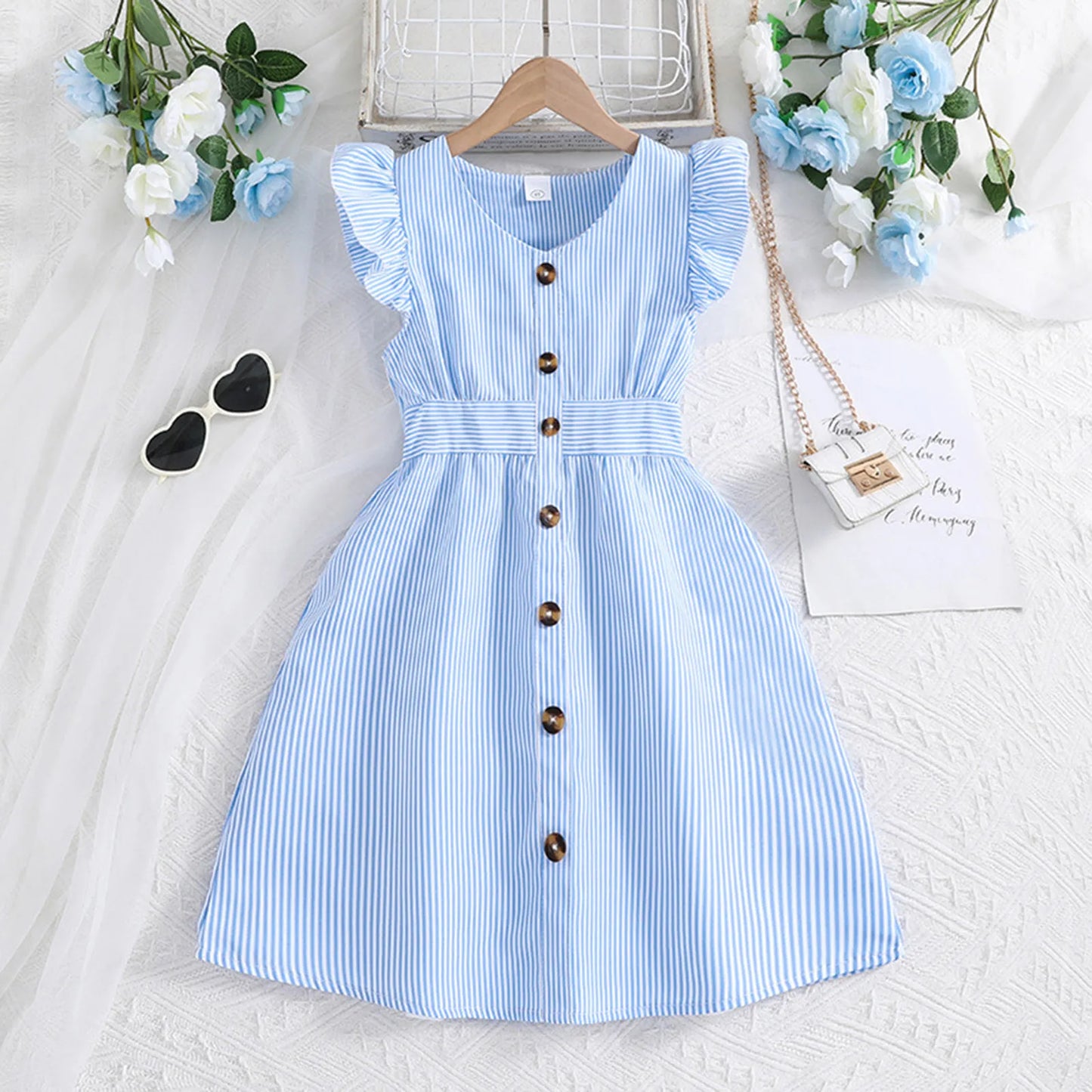Girls Clothes Age 6 Children's Dress Summer Children's Dress New Flying Sleeve Striped Shirt Dress Children's Tween Dresses