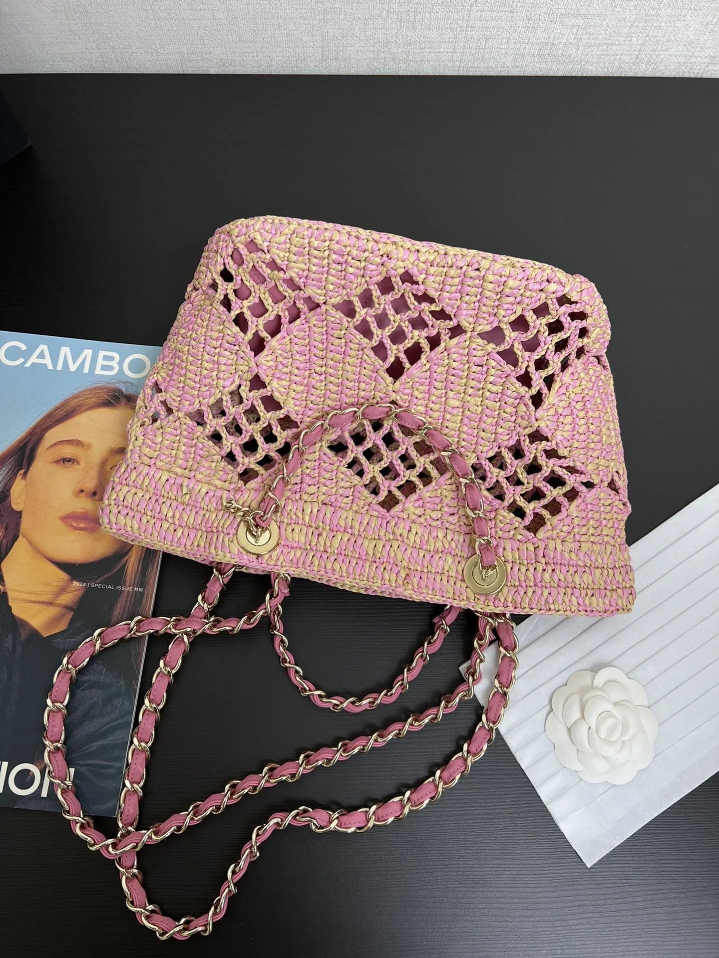 Raphia Woven Bag Fashion 2024 Women Hollowed Out Raphia Woven Beach Chain Shoulder Bag Crossbody Bag Handbag