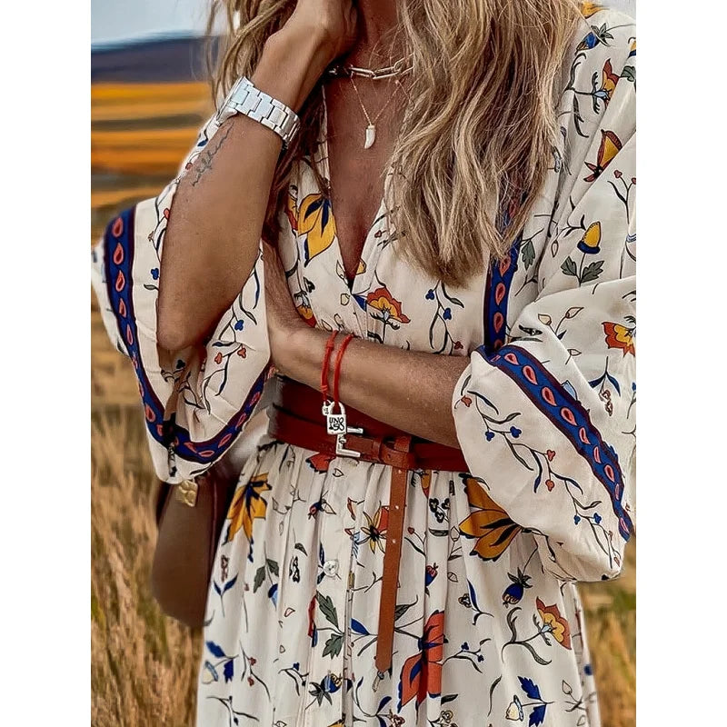 Boho Floral V Neck Dress - Women's 3/4 Sleeve Polyester Maxi Dress Casual Beach Cover Up Summer Vacation Outfit