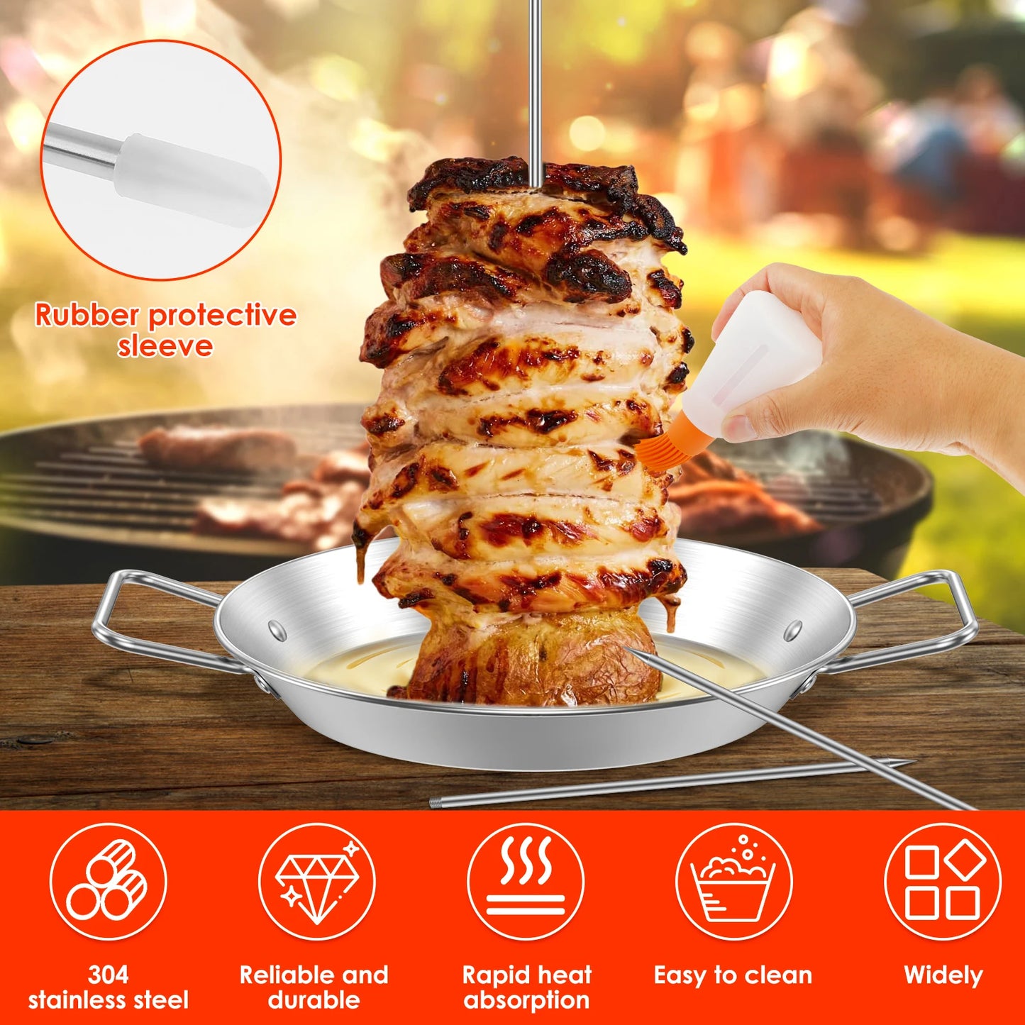 Vertical Skewer Stainless Steel Grill Shawarma Skewer Stand with Oil Bottle Brush for Kitchen Outdoor Picnic BBQ Roast Meat Tool