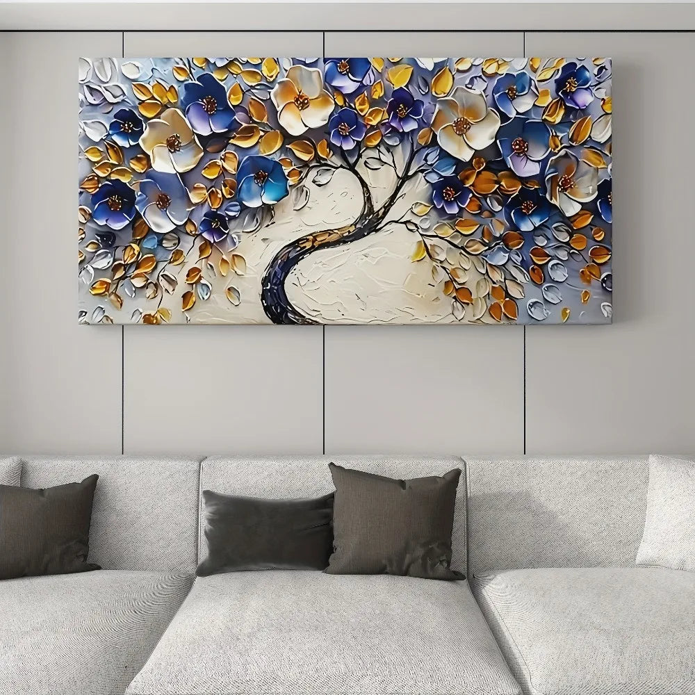 Large abstract Floral tree canvas art - Boho style, blue textured mural, 1.5-inch chunky wood frame for home decor lovers