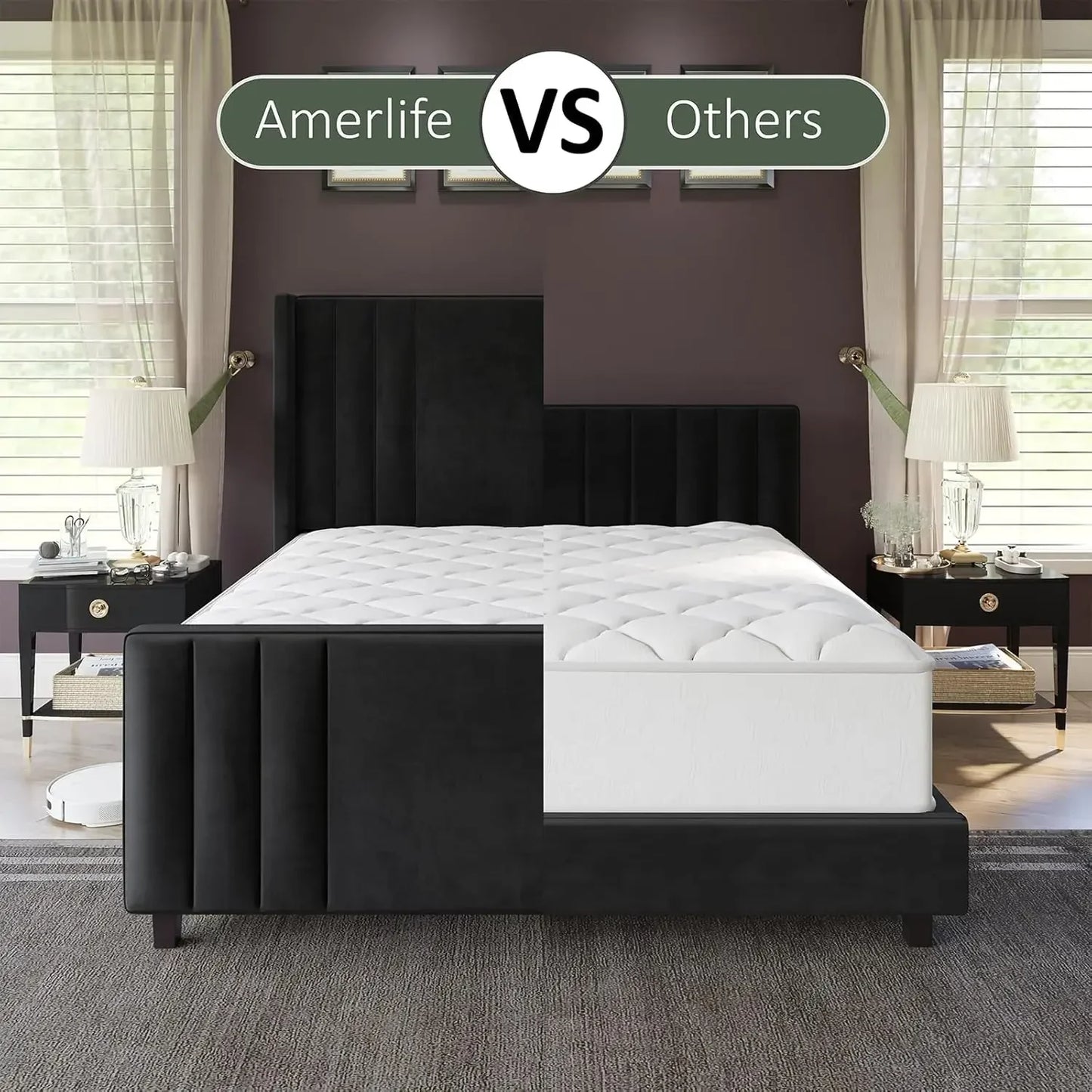 Queen Size Bed Frame, Velvet Upholstered Platform Bed Headboard & Footboard/Wingback, Mattress Foundation with Wood Slats,Black