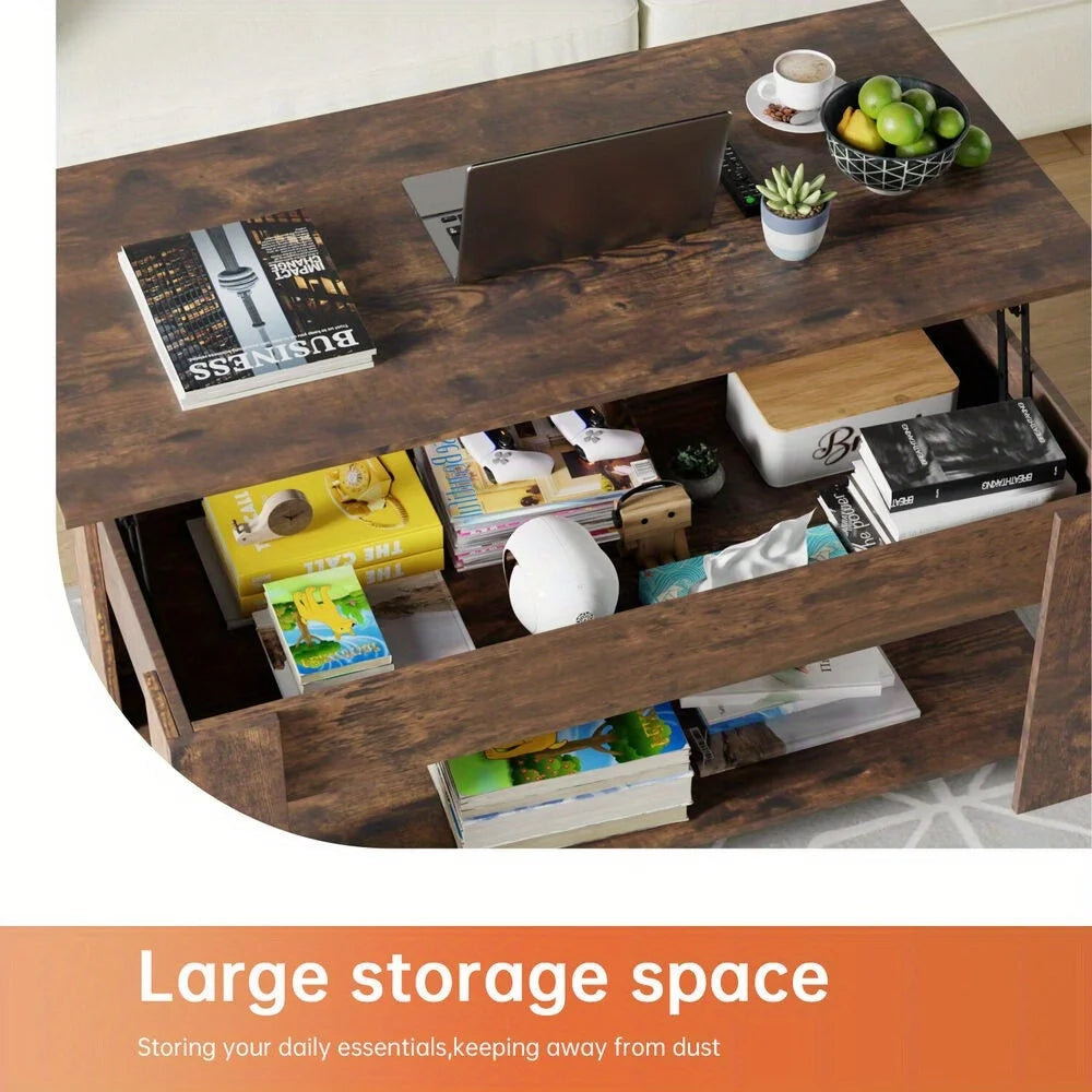 Elevating coffee table with hidden compartment and storage shelf