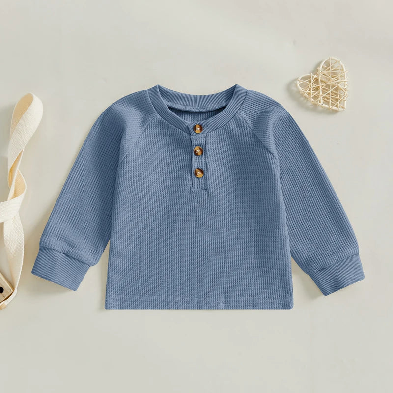 Infant Toddler Boy Autumn Outfit Solid Color Long Sleeve Waffle Knit Pullover Shirt Round Neck Casual Top for Fall