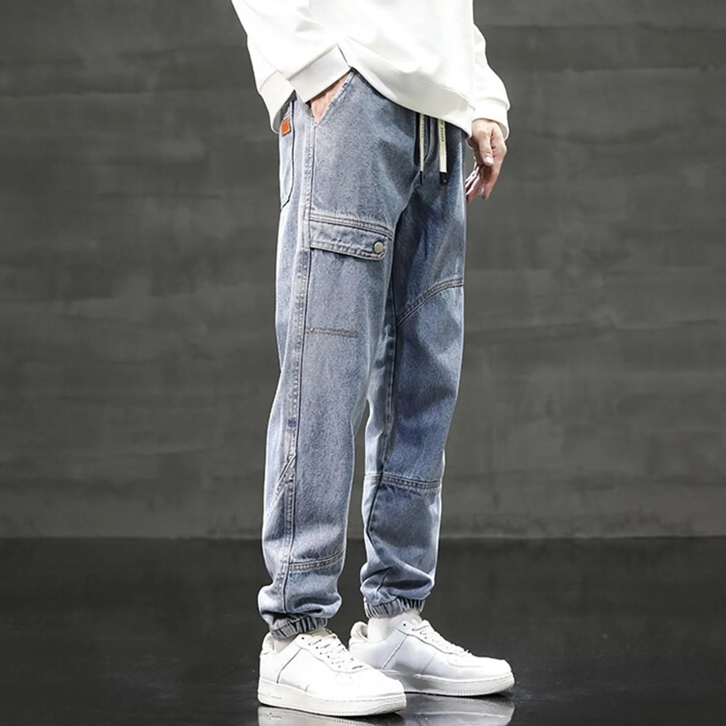 2025 Men's Cargo Jogger Jeans Hip Hop Streetwear Multiple Pockets Stretched Cotton Lace Up Casual Denim Pants Baggy Trousers