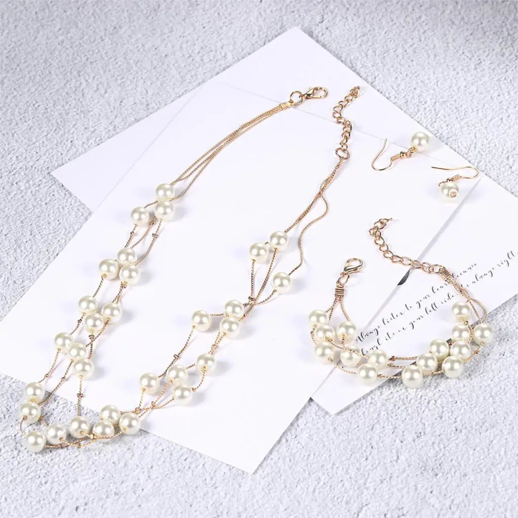 Wedding Bridal Jewelry Set For Women Gold Color Silver Plated Imitation Pearl Fashion Jewelry Necklace+Bracelet+Earring S441-M