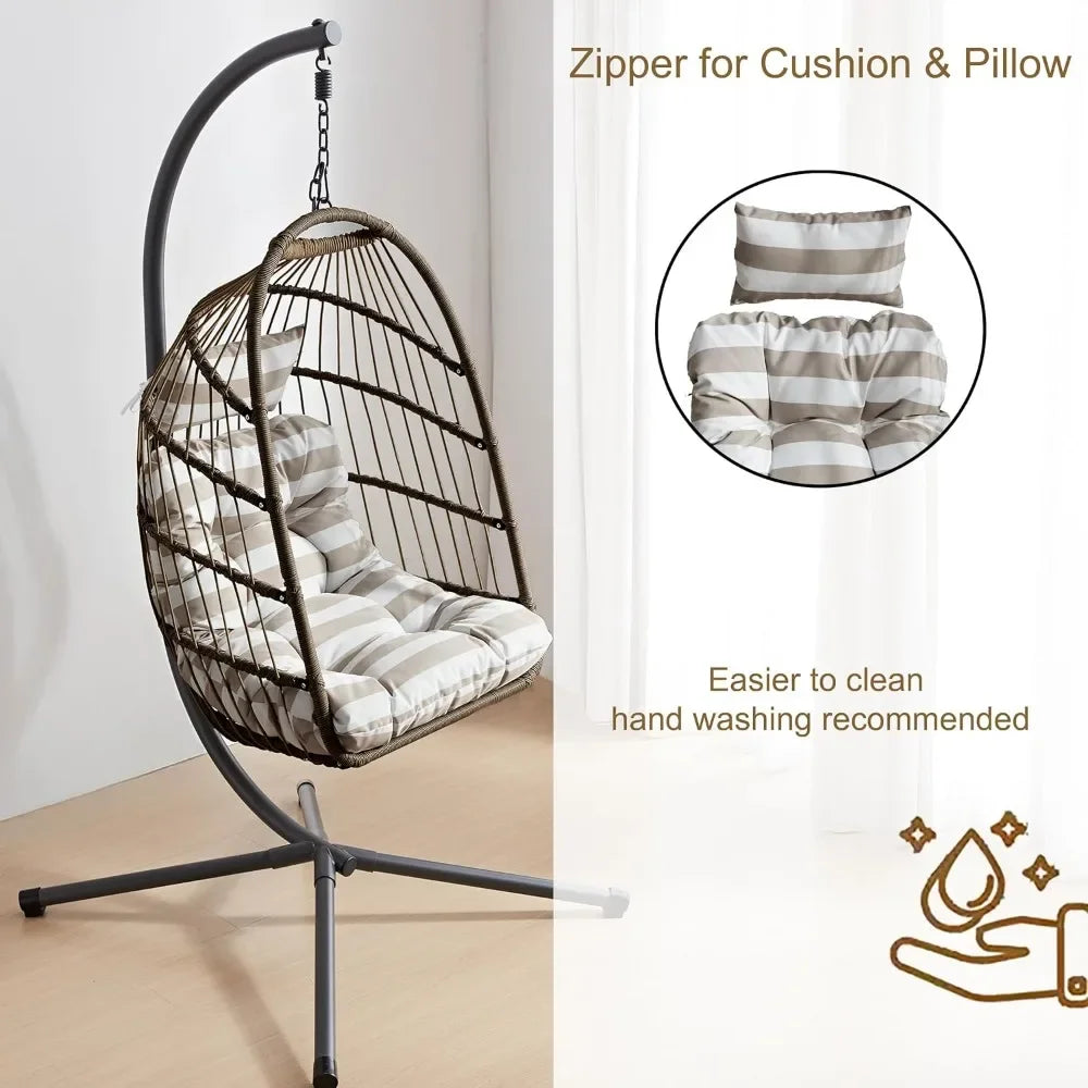Egg Chair, Rattan Hanging with Cushion, Foldable Garden Patio Hammock Chair with Stand & Adjustable Height, Egg Chair