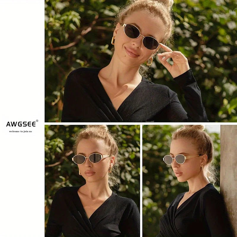 Fashion Sunglasses for Women High Quality Retro Oval Metal Polished Sun Glasses Designer Men Black Lens Classic Shades