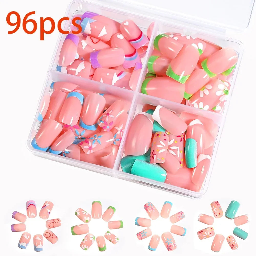 576pcs/Box Colorful Fake Nails Black Red Design Fake Nail Oval Short Square Press On False Nails Mixed Full Cover Nail Tips