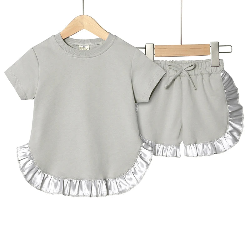 2025 Kids Girls Summer Outfits Solid Cotton T-shirt+Shorts Toddler Teenager Lounge Suit For 9M-7T Casual Girl Breathable Clothes