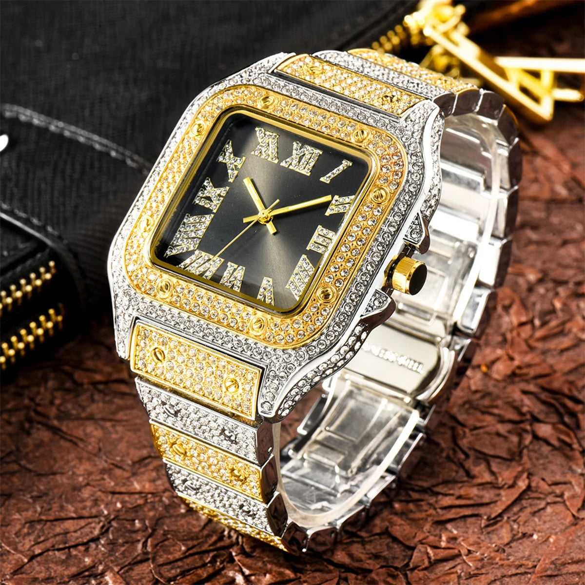 Aokaishen Iced Out Diamonds Watches 2023 Trend Stainless Steel Wristwatches for men Full Stones Zircon Quartz Square Gift