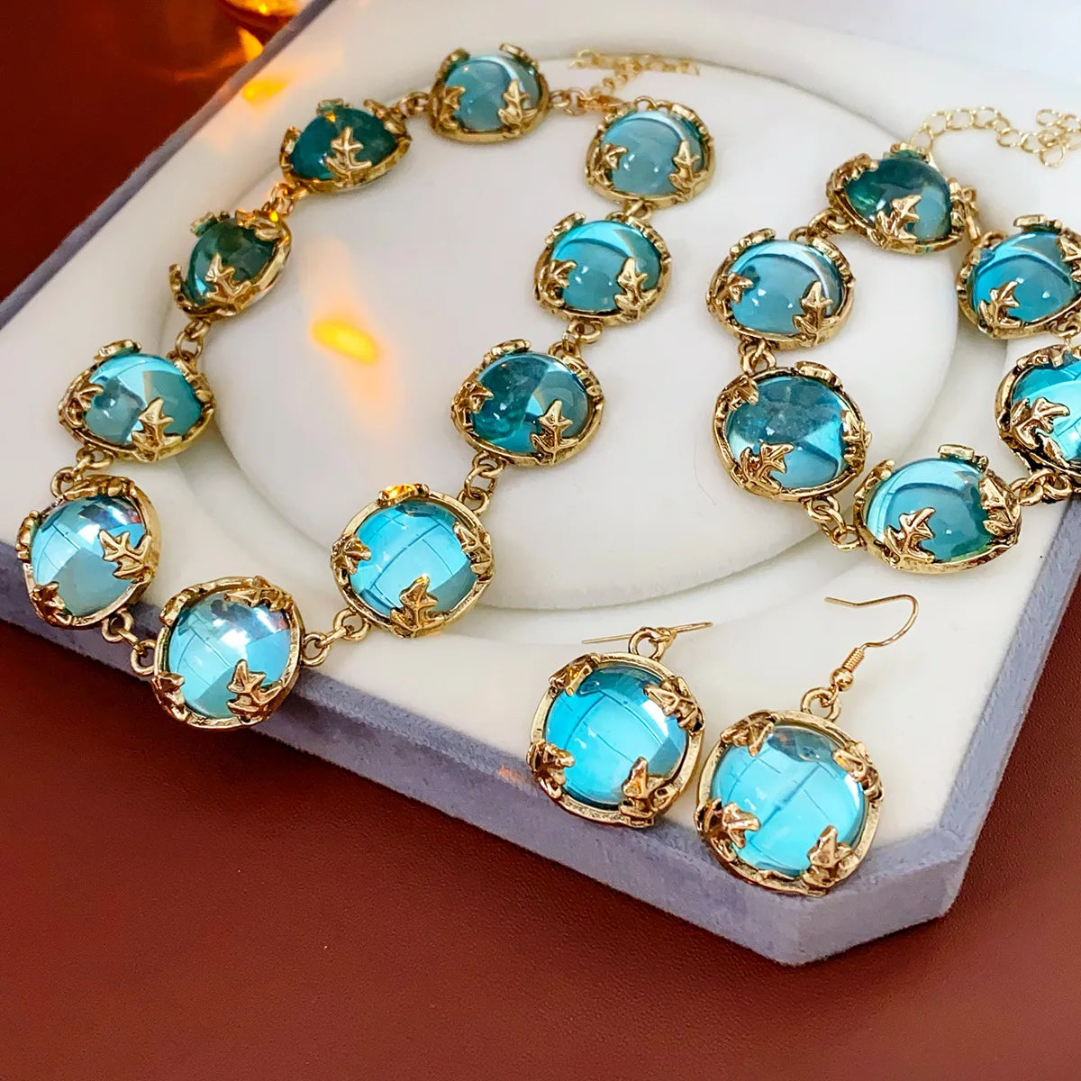 Vintage Fashion Wedding Jewelry Sets for Women Light Luxury Round Resin Necklace Versatile High-end Earring Bracelet