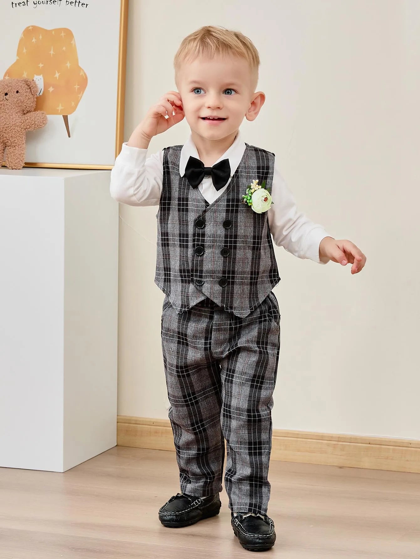 Baby Boy Clothes Suits 5PC Infant Gentleman Outfit Dress Shirt+Bowtie+Vest+Corsage+Pants Toddler Boy Wedding Party Outfits