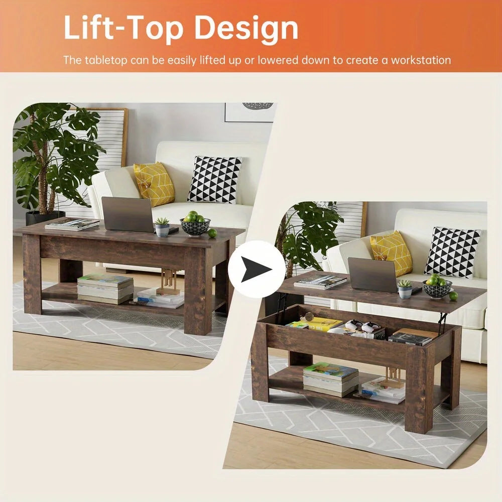 Elevating coffee table with hidden compartment and storage shelf