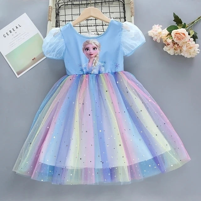2025 New Disney Summer Kids Dress Clothes Pretty Girls Dresses Frozen Elsa Anna Princess Party Costume For Children Clothing