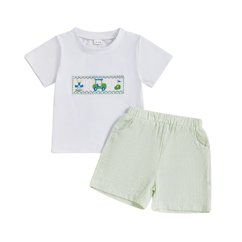 Adorable Infant Boy Golf Attire with Embroidered Tee and Elastic Waist Shorts Perfect for Summer Outings - 2 Piece Set in