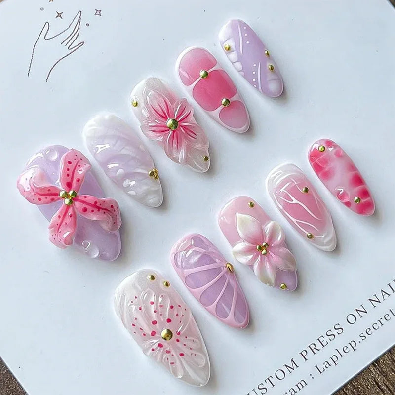 24PCS Blue Gradient French False Nails 3D Flowers Shell with Seastar Diamonds Fake Nails for Women Wearable Almond Nail Manicure