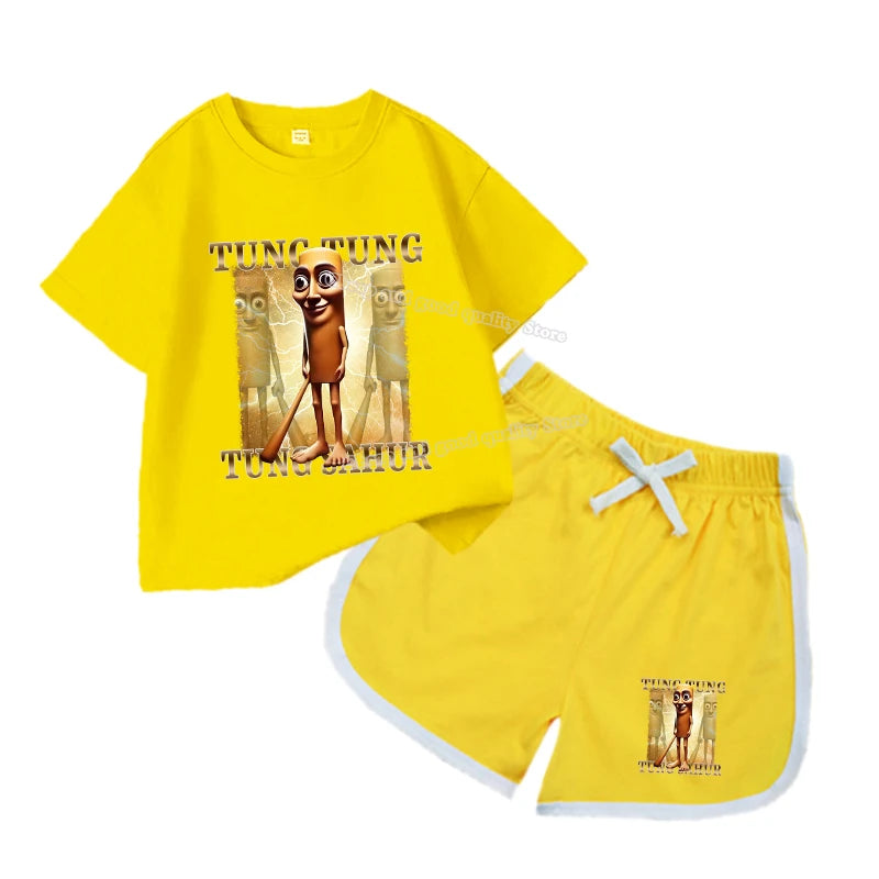 2Pcs Italian Brainrot Summer Children's Casual Set for Boys Girls Loose Short Sleeved Breathable and Comfortable Set Tracksuits