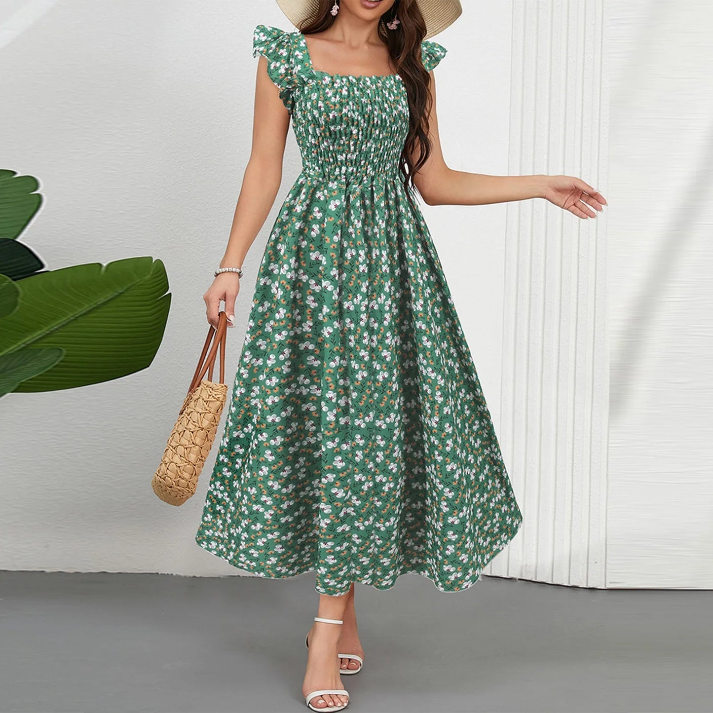 Women Floral Pleated Dress Ruched Chic Midi Dress Short Sleeve O-neck Casual Summer Boho A Line Beach Dress Women